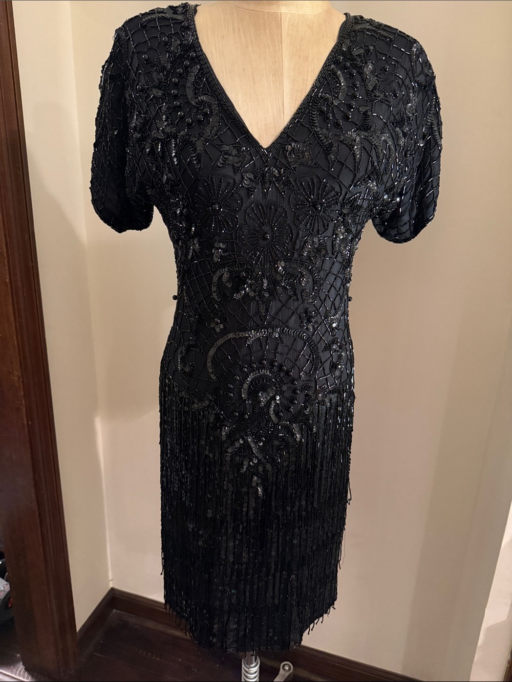 Black Beaded Fringe V-Neck Midi Dress